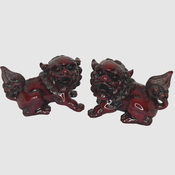 Vintage Foo Dog Pair Red Resin Asian Guardian Lion Figurines 4 in long each - Picture 7 of 16